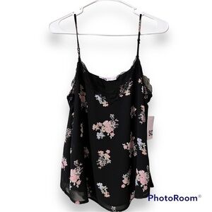 SO lace inset cami junior medium black & pink floral chiffon v-neck sleeveless